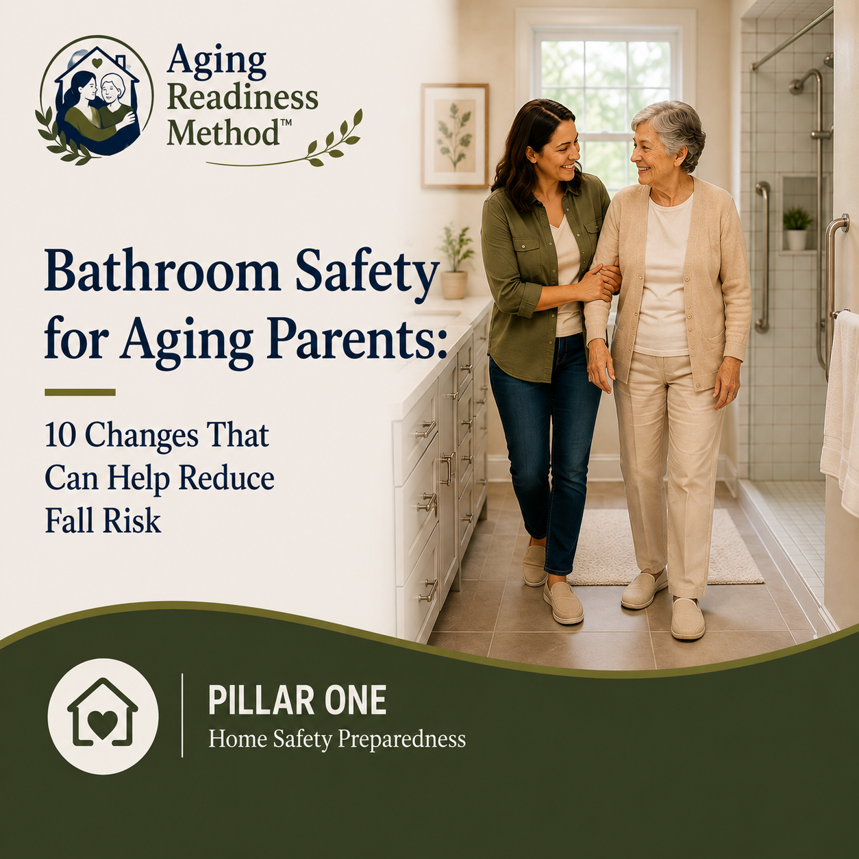 Adult daughter walking with her aging mother in a bathroom designed with home-safety features, including grab bars.