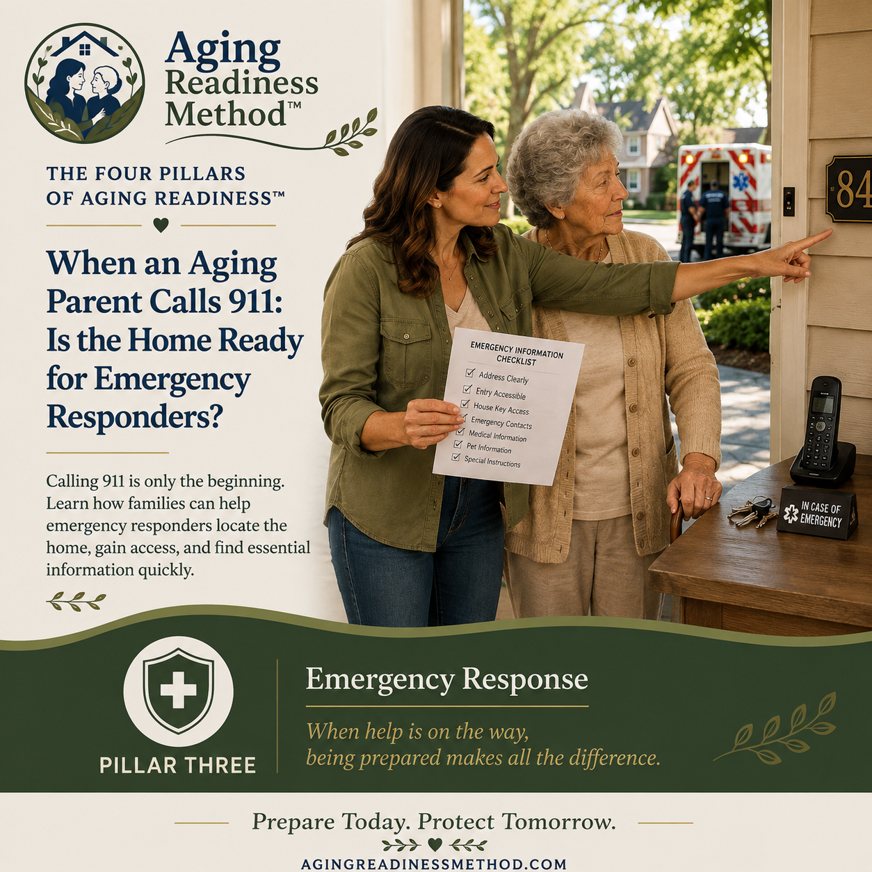Adult daughter and aging mother preparing their home so emergency responders can quickly locate the address, enter the home and find essential information.